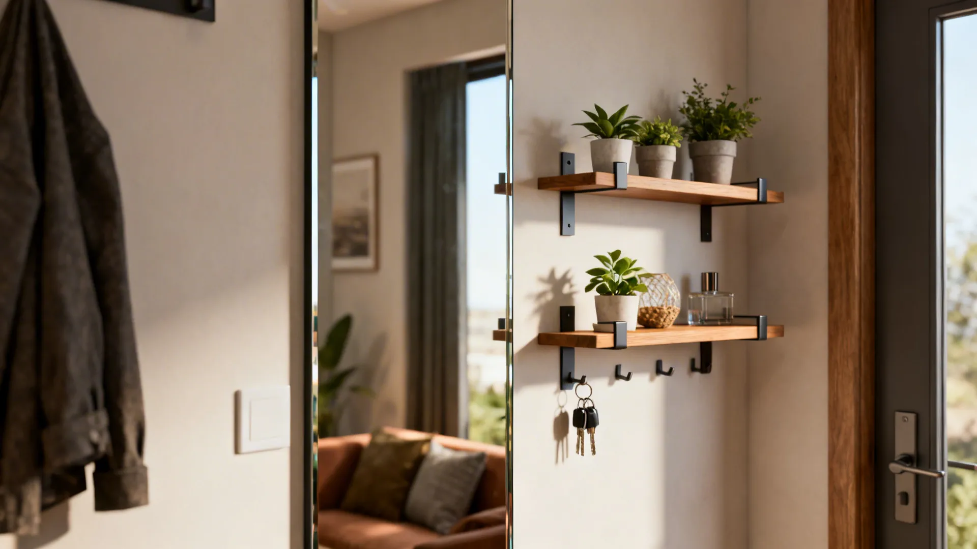 Vertical mirror with slim floating shelves holding plants and keys in a compact living nook