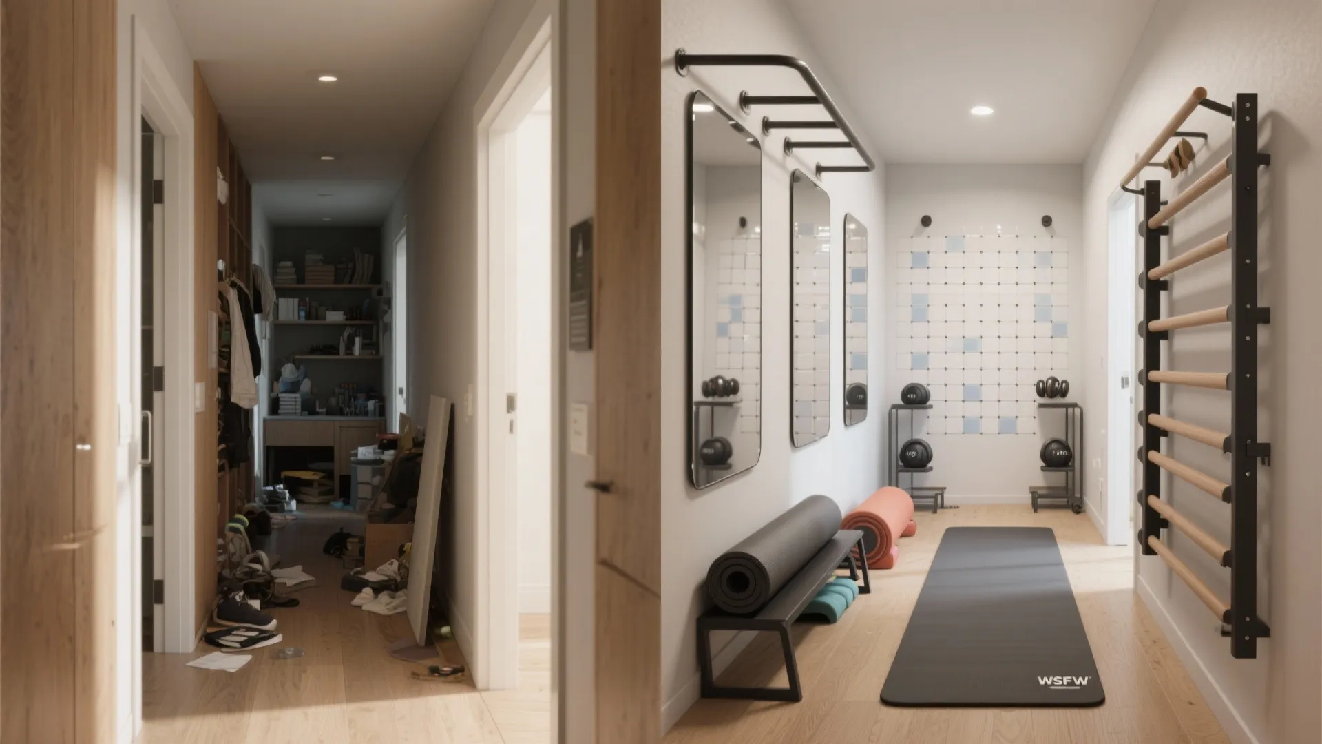 4. Multi-use zones: mirror walls, mats, and fold-down racks