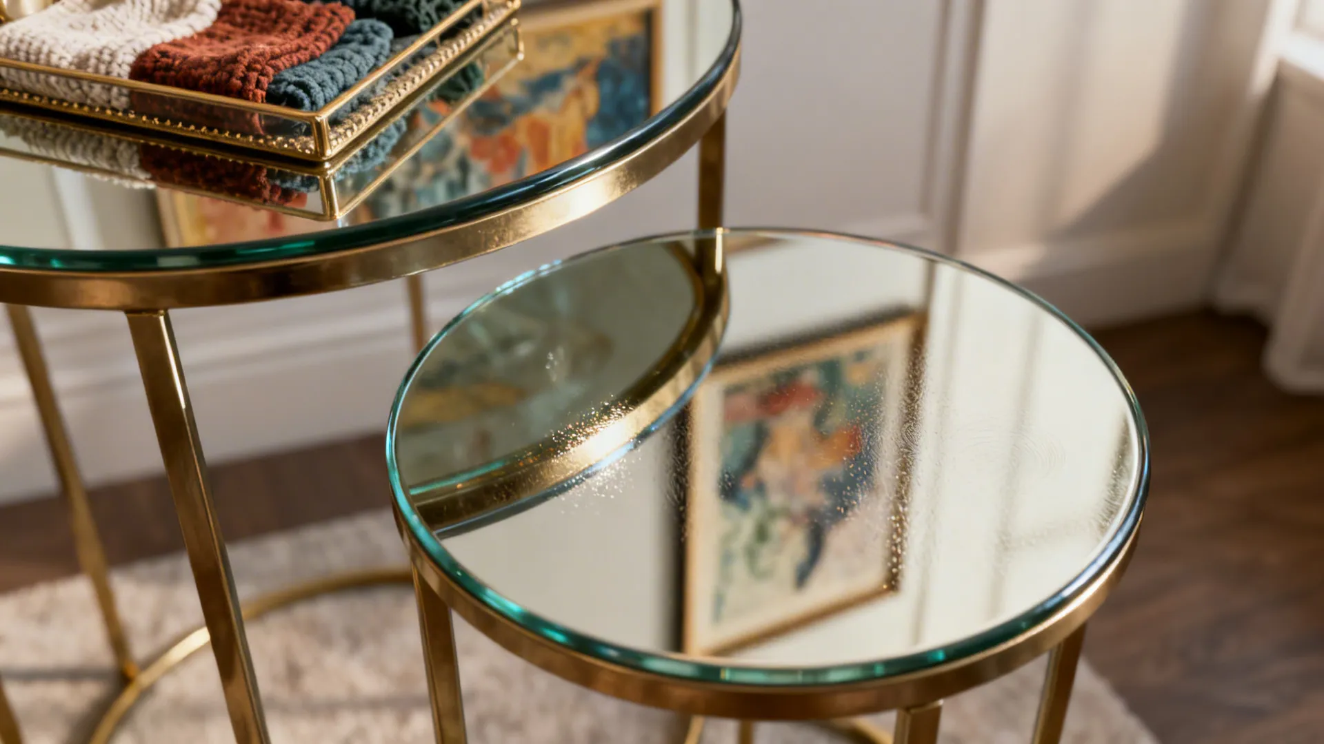 Mirrored nesting tables and a tray reflecting textile colors for a luxe shimmer in a small space.