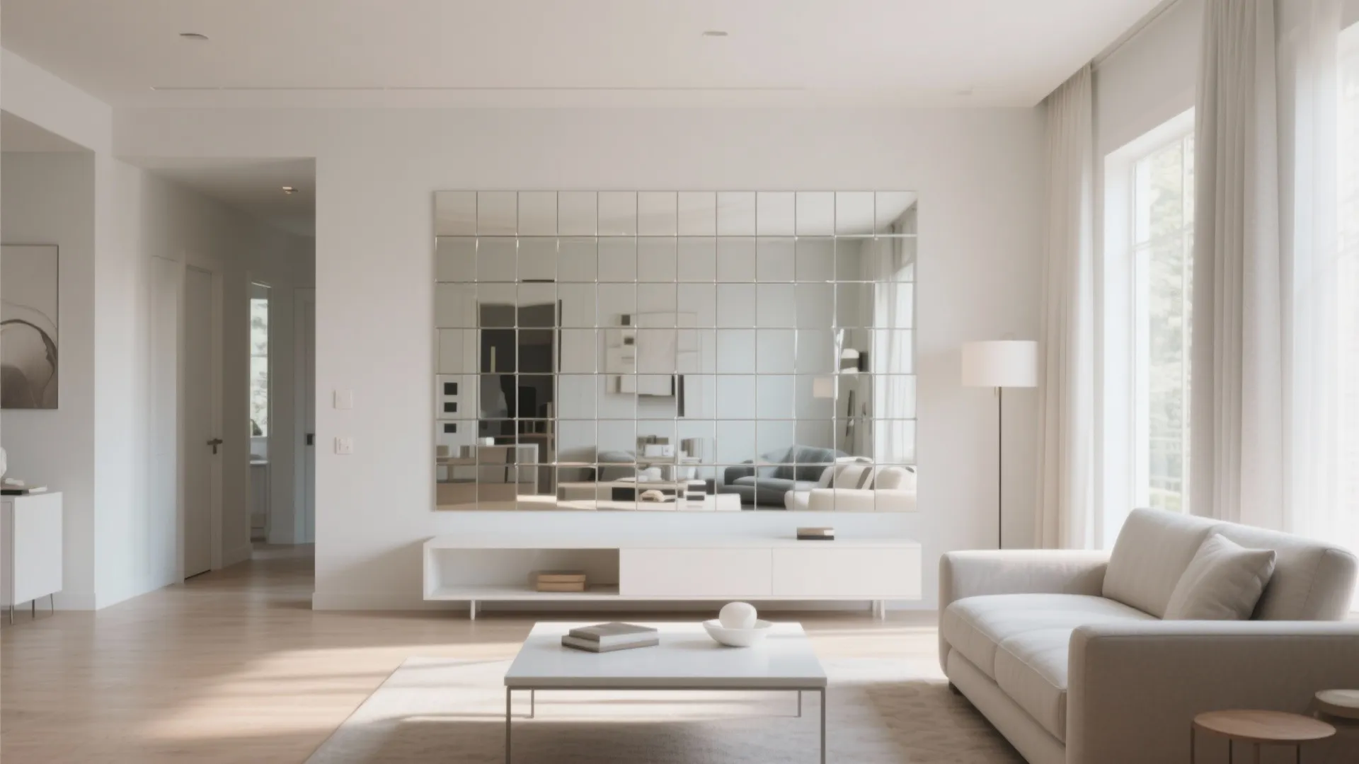 Modern bright living room with large grid mirror wall white sofa coffee table and floor lamp