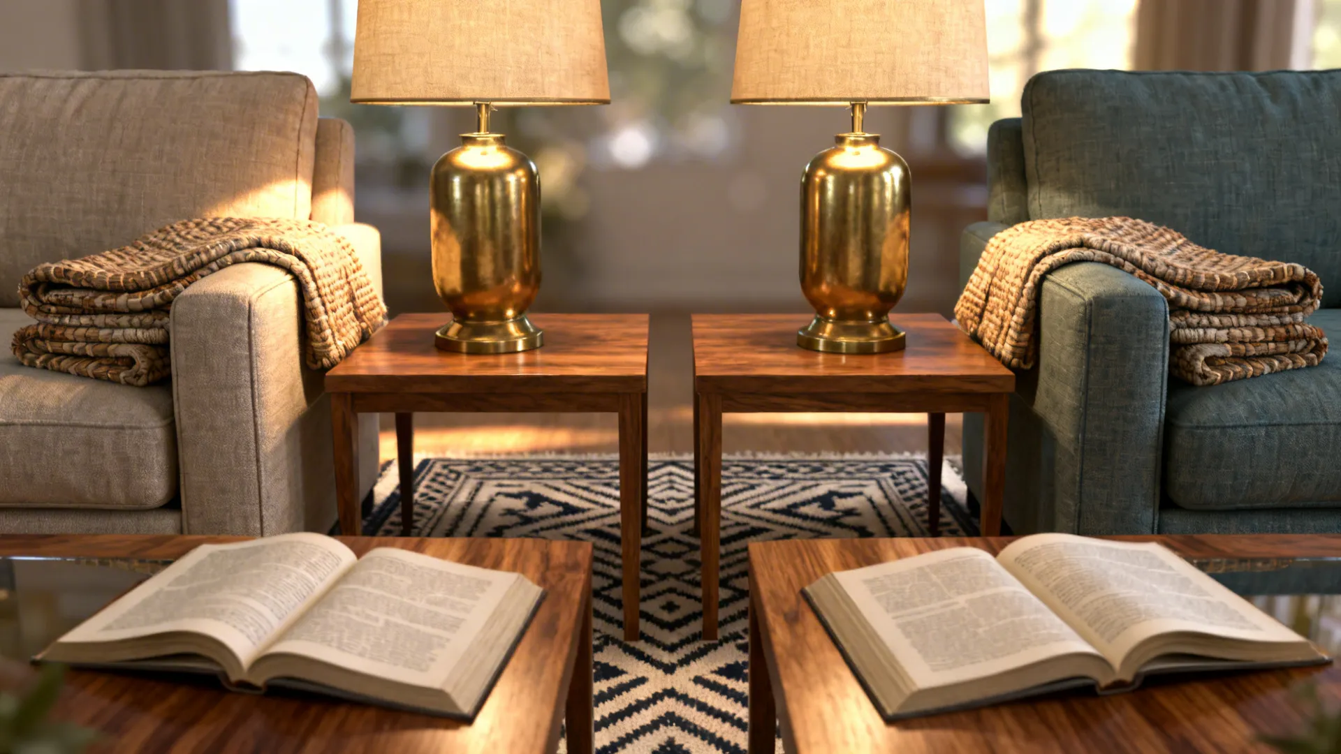 Close-up of identical brass lamps, throws, and books mirroring accessories across two sofas.