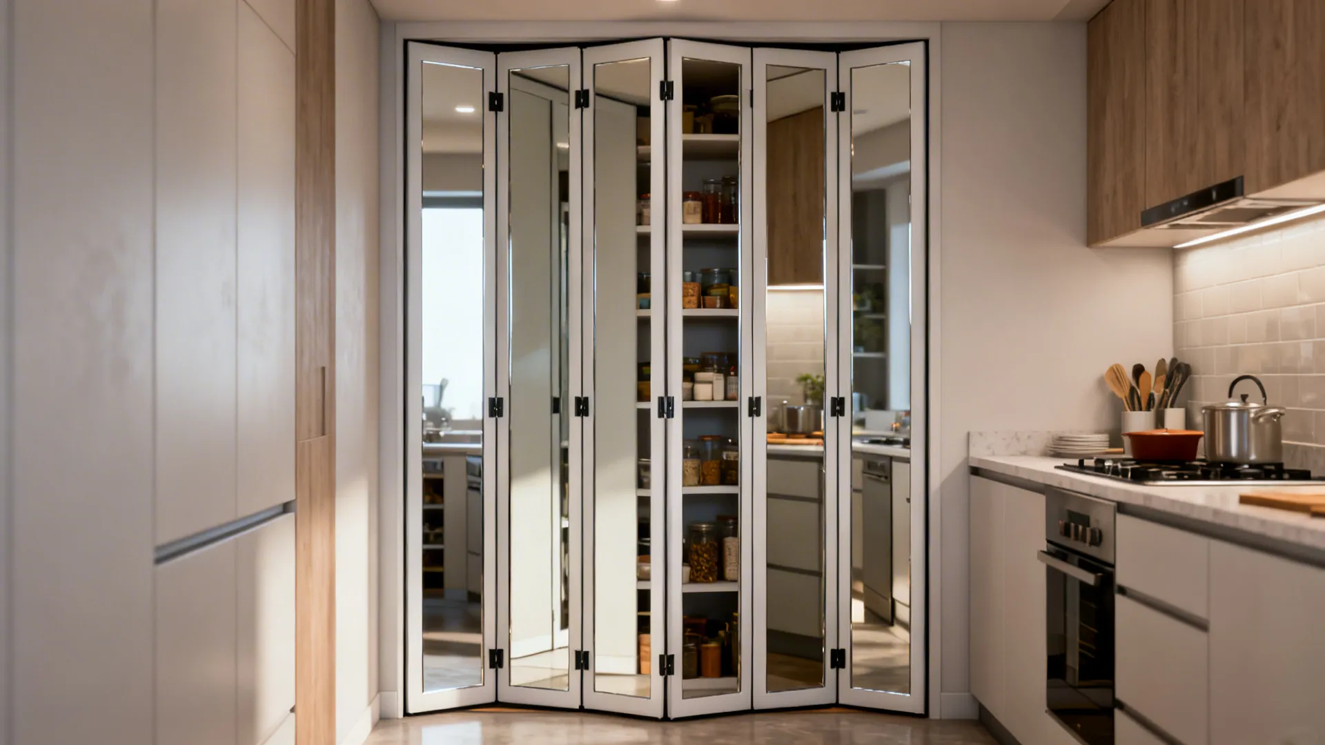Mirrored accordion pantry door in a galley kitchen reflecting light to create depth, with treated finishes.