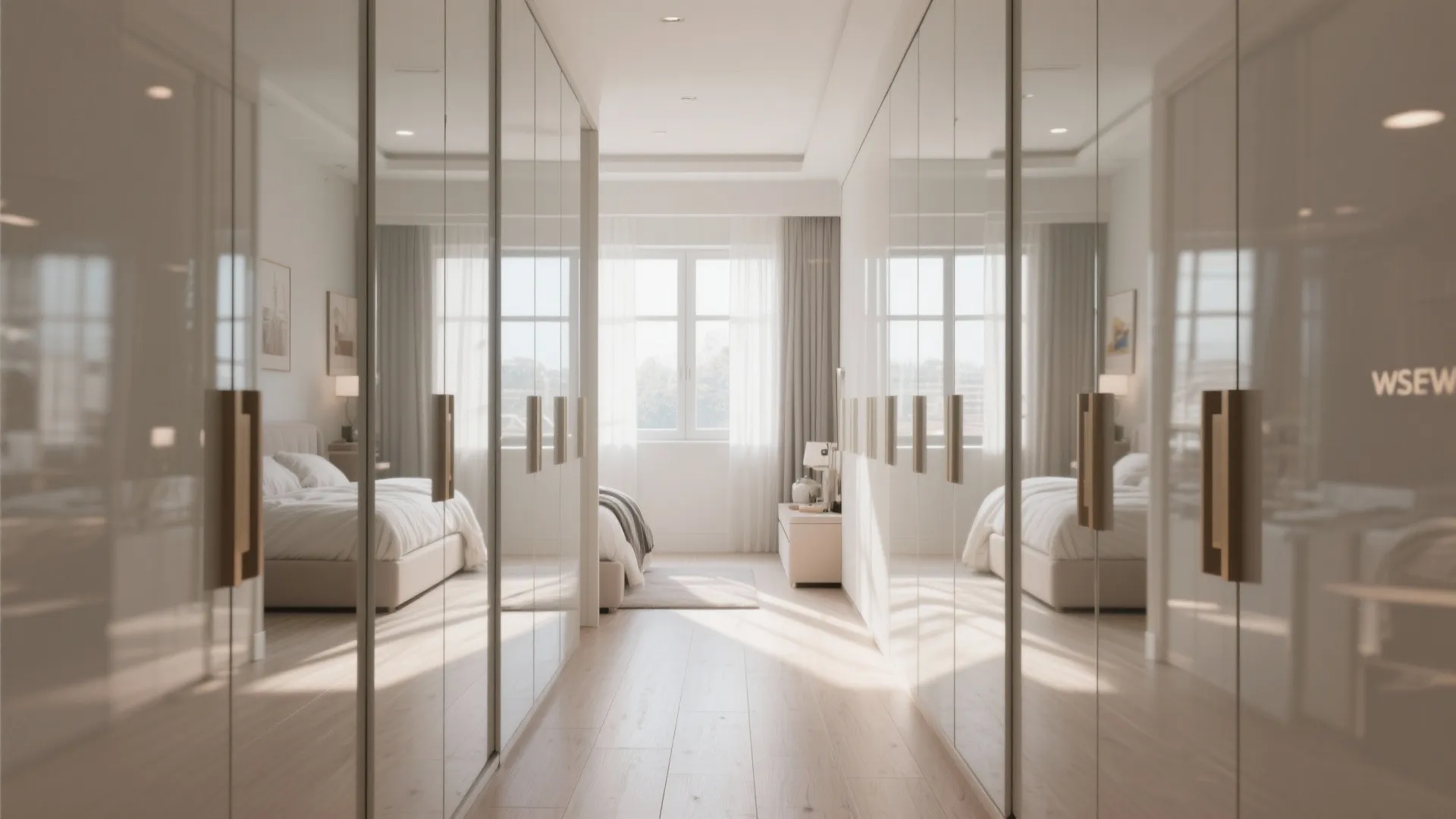 Bright walk-in closet with large mirrored cabinet doors reflecting a bed and natural light window