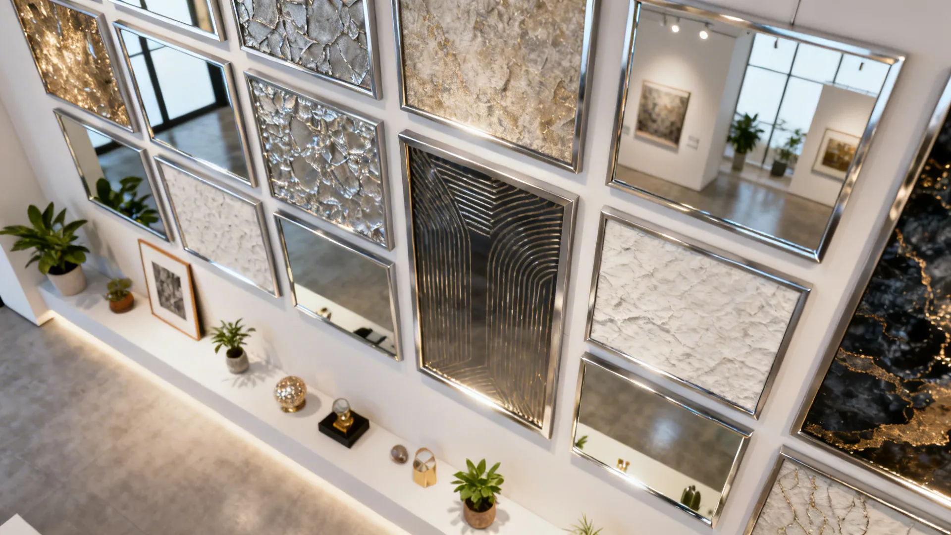 Mirrored artwork panels and metallic frames arranged on a gallery wall vignette