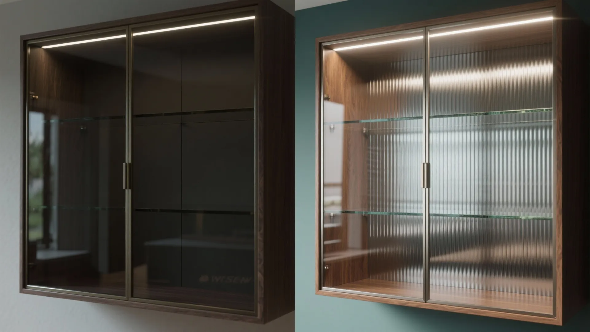 Before and after comparison of a dark glass cabinet versus a bright mirrored back cabinet
