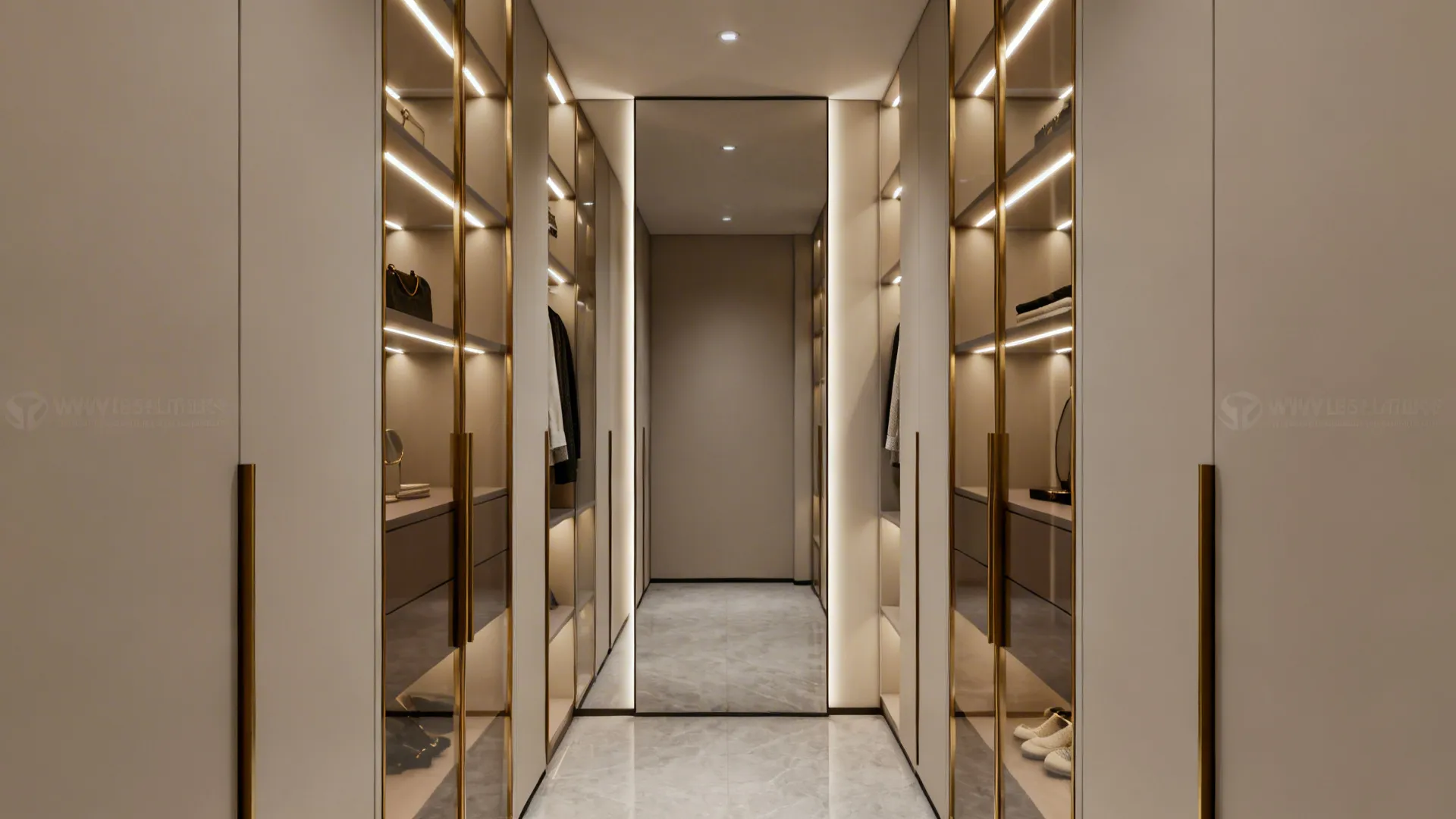 Narrow walk-in closet with a full-height mirrored back wall doubling perceived space and reflecting warm shelf lighting.