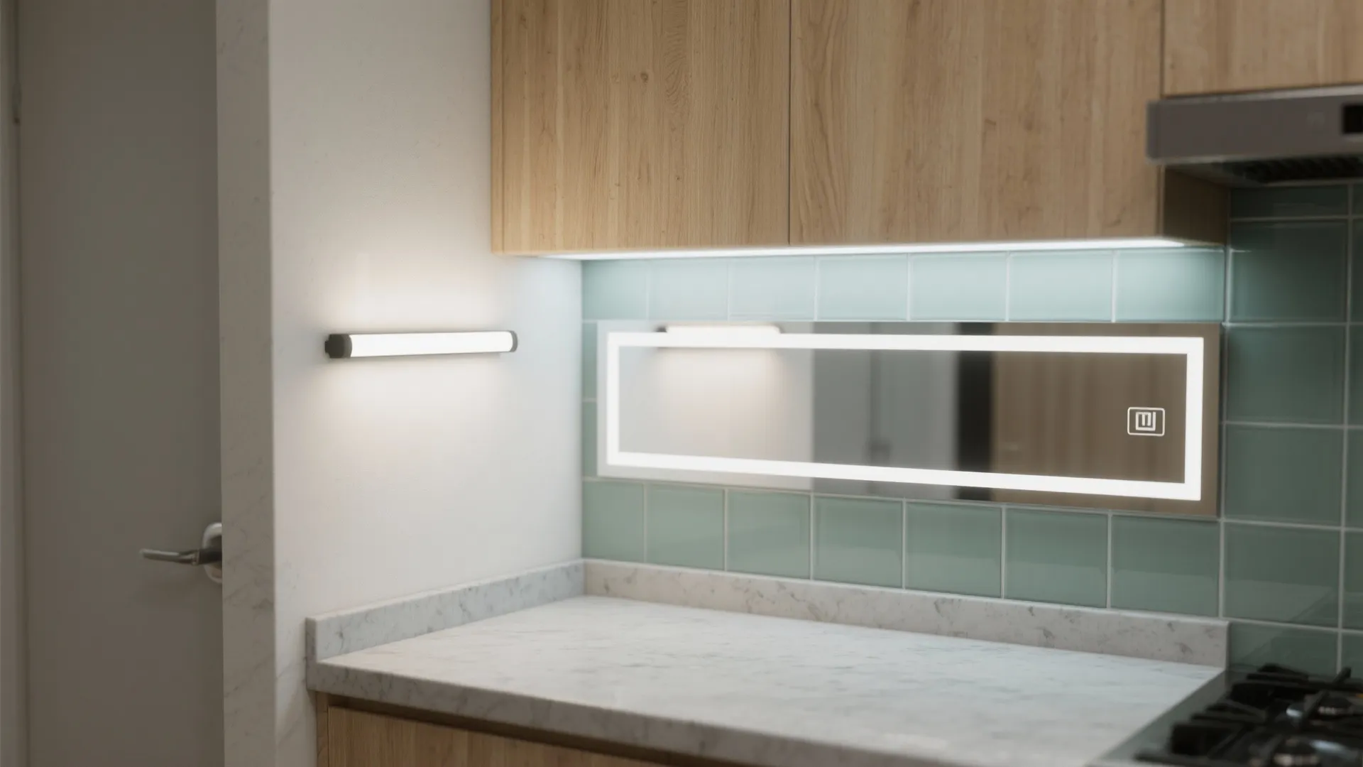 Mirrored backplates to amplify under-cabinet lighting