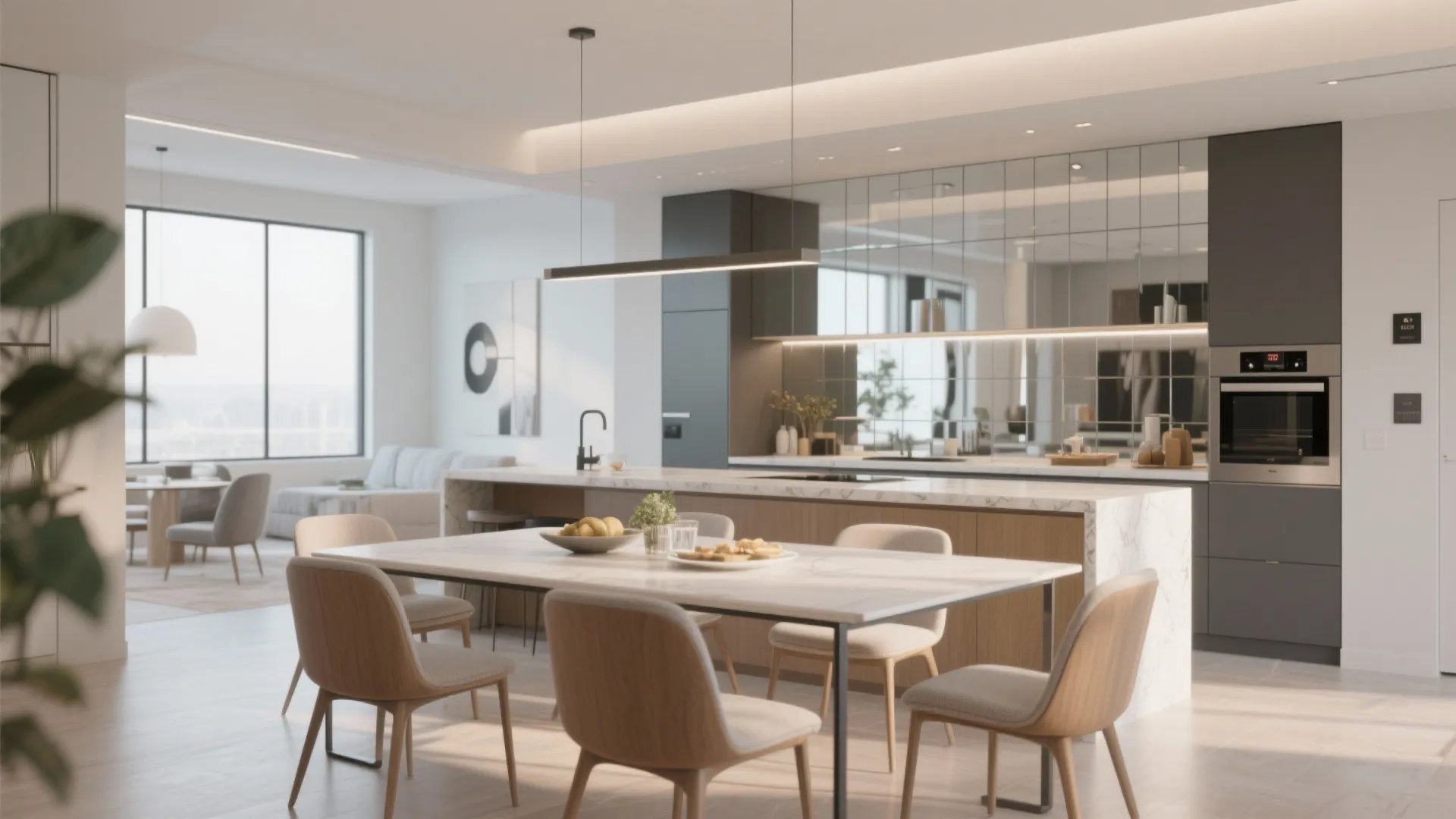 Modern kitchen featuring marble island with wooden chairs and mirrored wall behind the gray cabinet