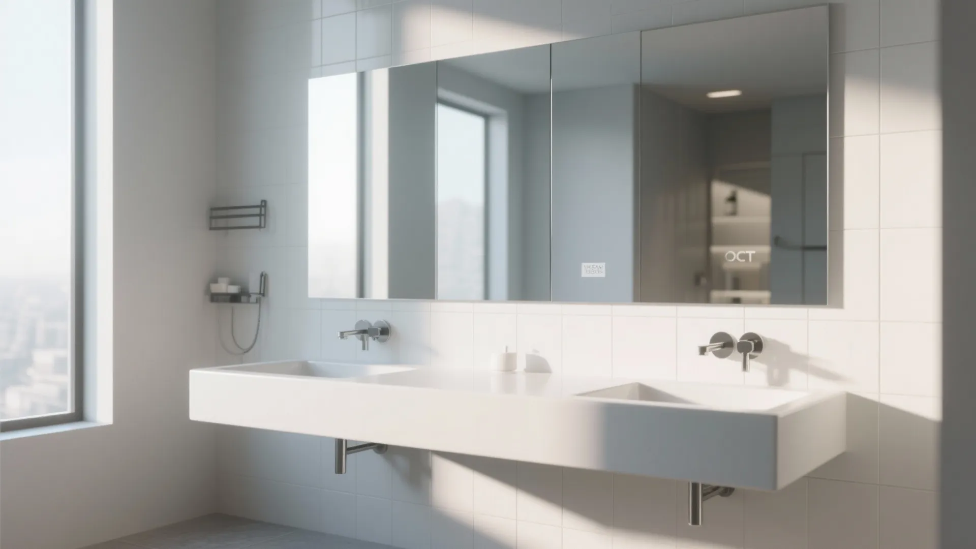 Modern white double sink bathroom with large mirrored wall cabinets and bright natural window light