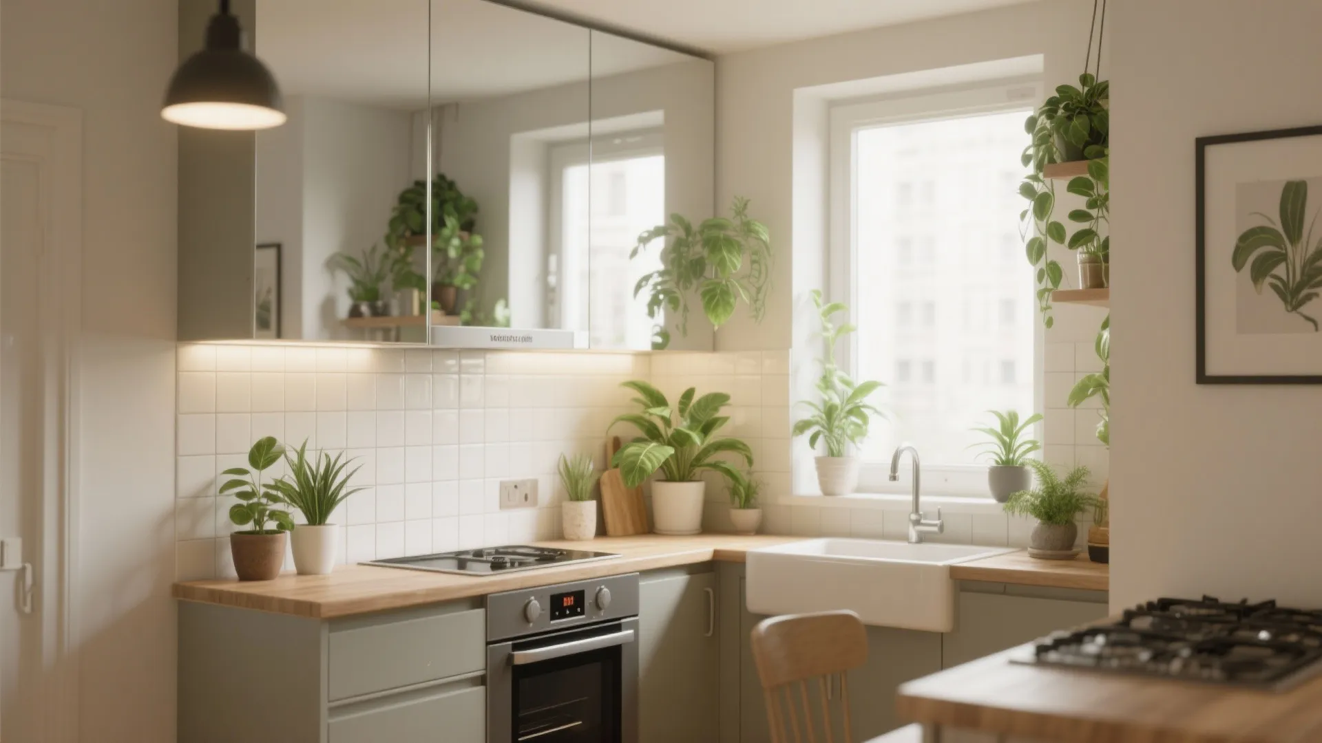 Modern kitchen featuring light green cabinets wood countertop white tiles mirrored surface sink and plants