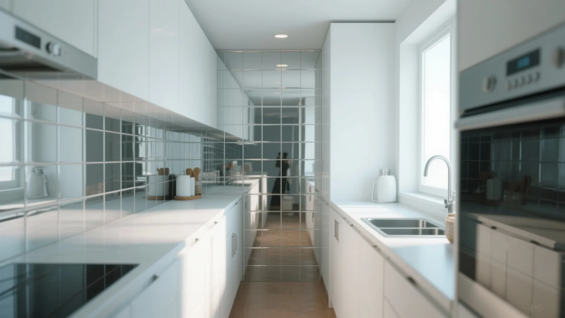 Bright white kitchen with mirrored wall panel and white cabinets under natural window sun light