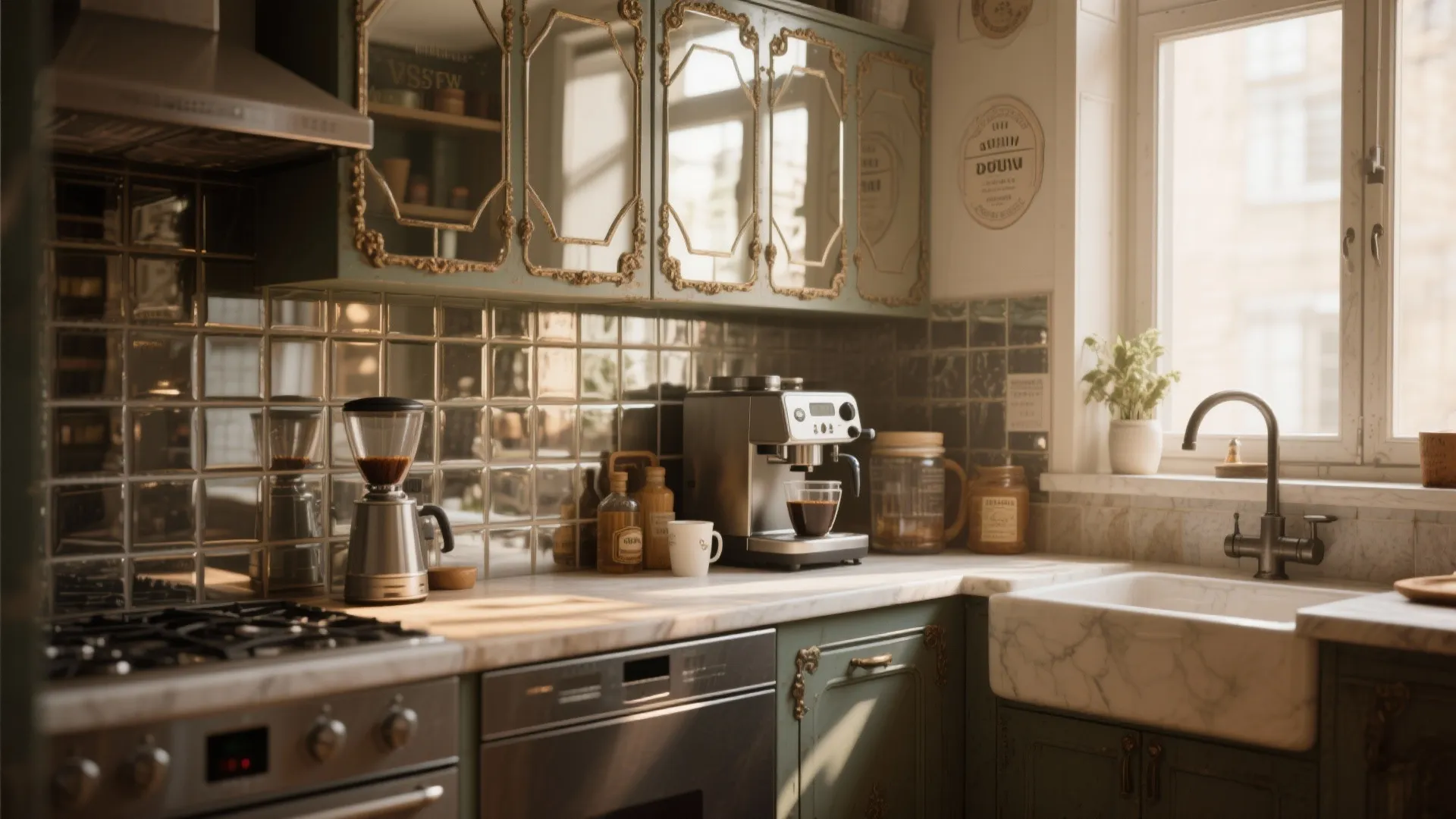 Compact kitchen coffee station with antique mirrored backsplash.