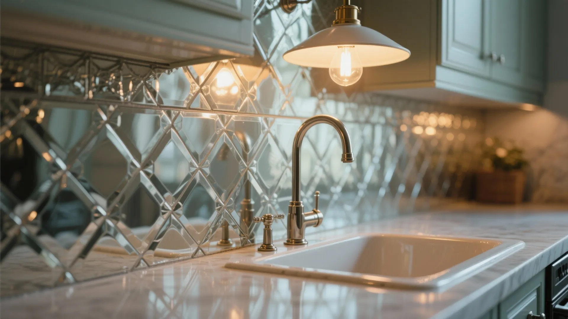 Antique mirrored backsplash behind kitchen sink reflecting warm light