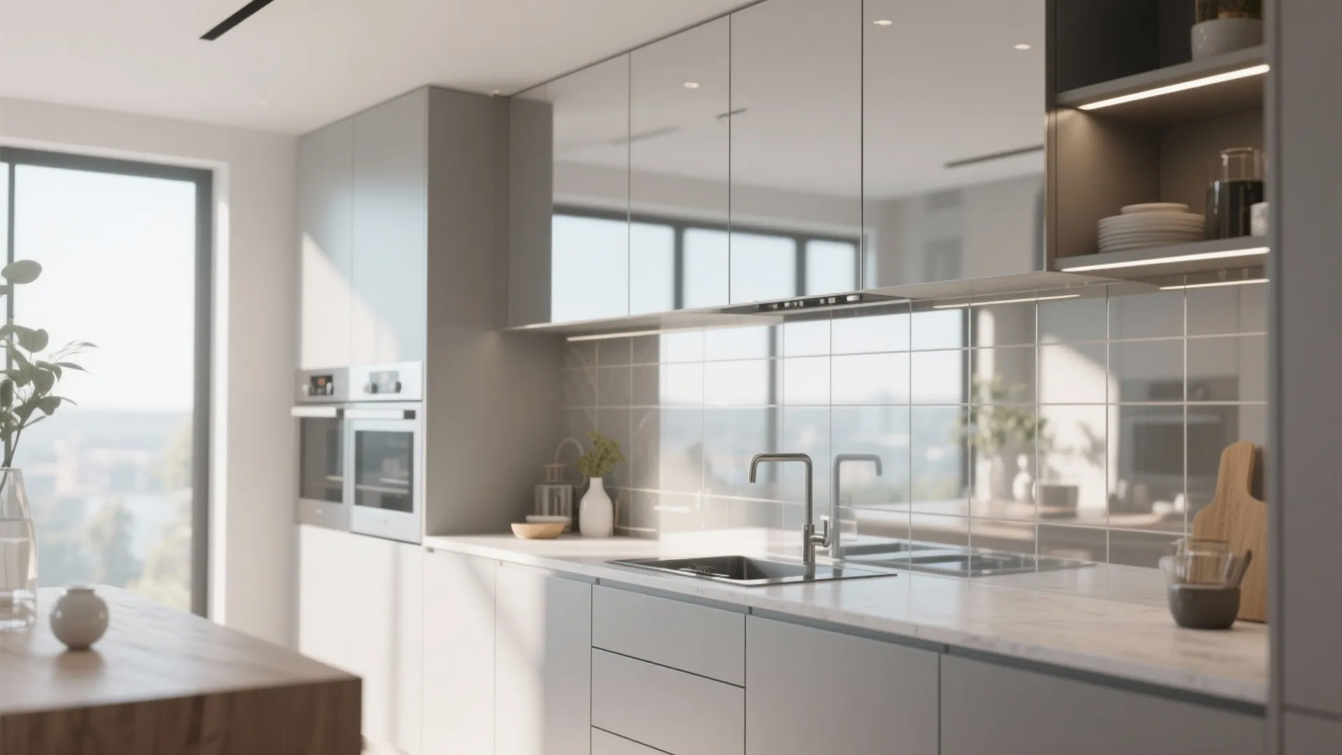 Modern kitchen featuring grey cabinets mirrored wall tiles a metal faucet and marble counter tops