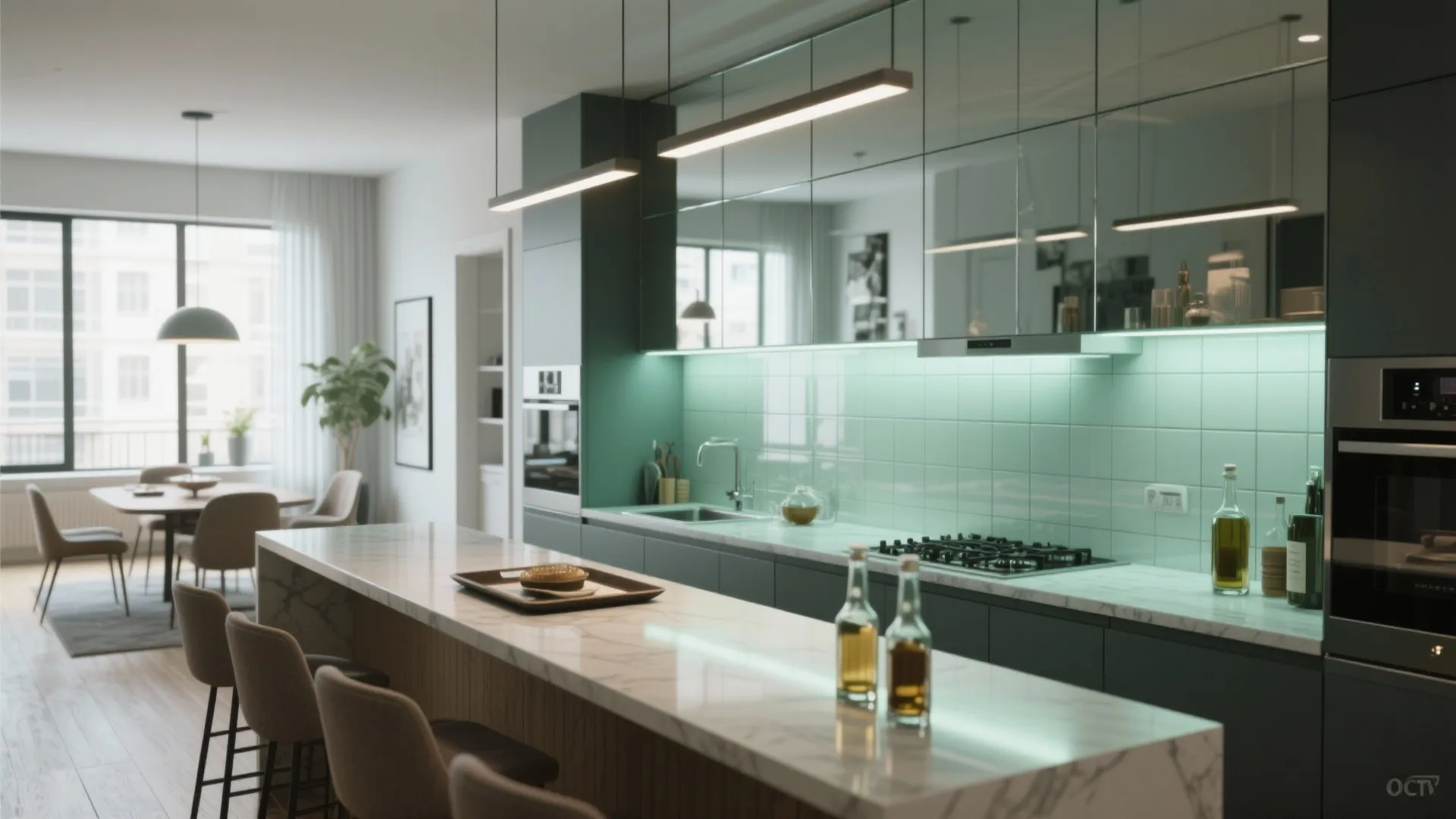 Open-plan dining and kitchen with a tempered mirrored backsplash behind a buffet reflecting countertop styling and movement.