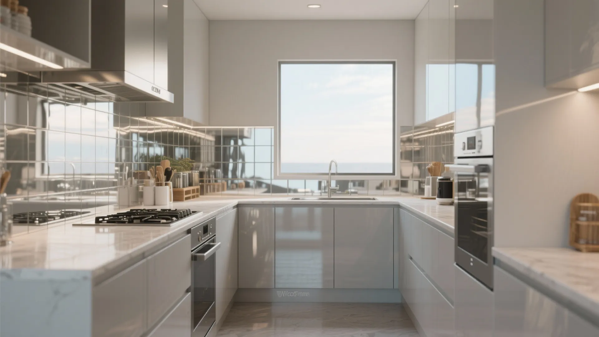 3. Mirrored glass backsplash to visually expand space