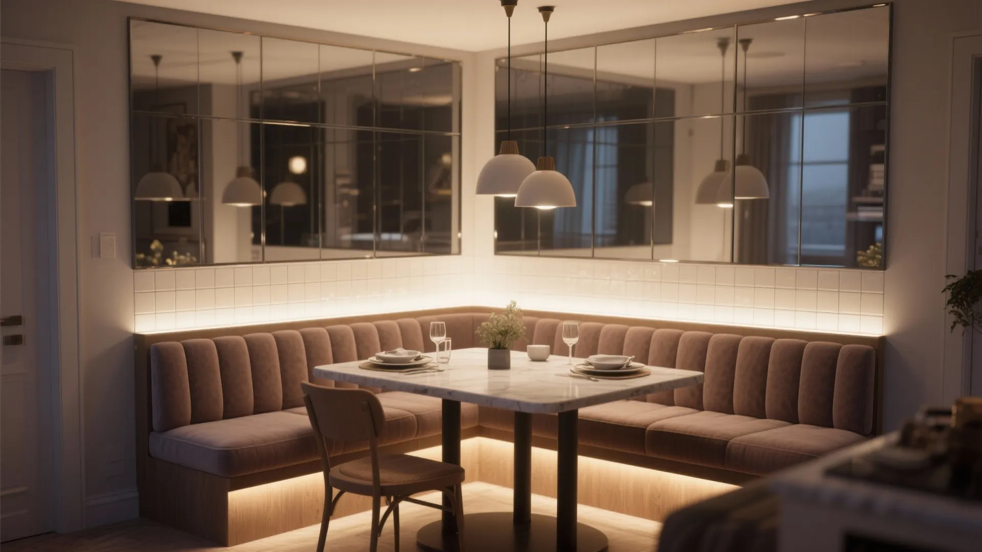 5. Mirrored backsplash behind a dining bench