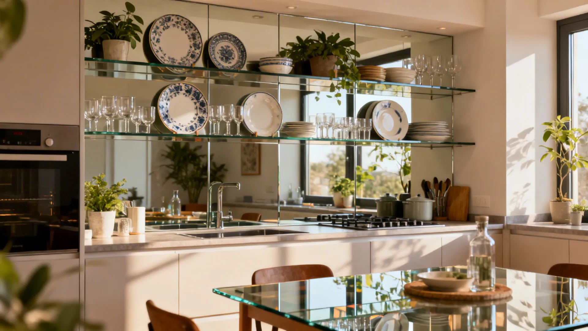 Mirrored backsplash behind floating shelves reflecting dishware and brightening a compact kitchen-dining area