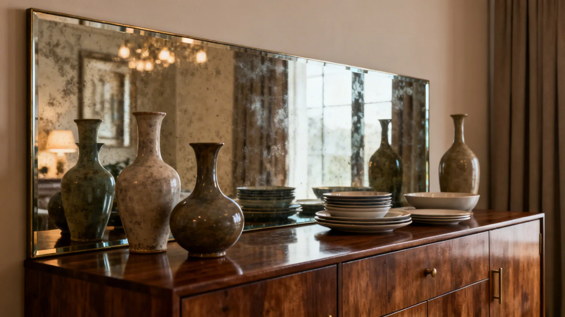 Sideboard with a mirrored backsplash reflecting tabletop styling and adding layered depth