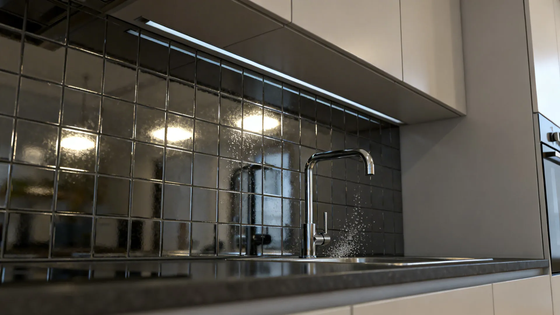 Smoked mirror tile backsplash above a sink reflecting light in a small kitchen