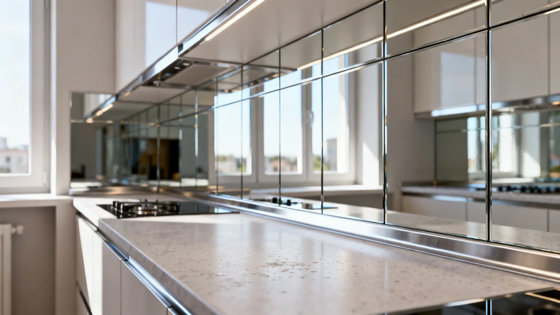 Small kitchen with glass mirrored backsplash that reflects light and enlarges the space.