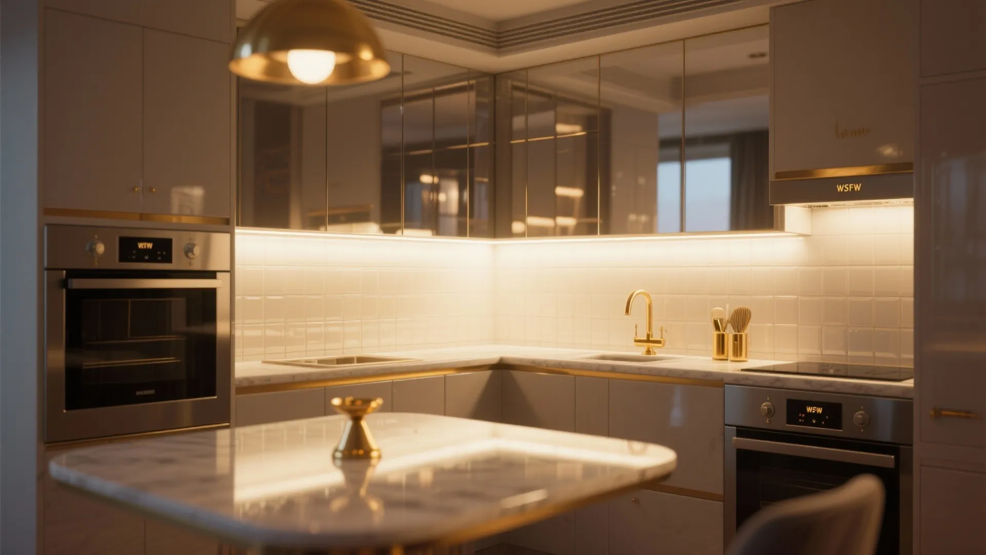 Modern kitchen with white cabinets, gold tap, marble island, and warm light under the shelves