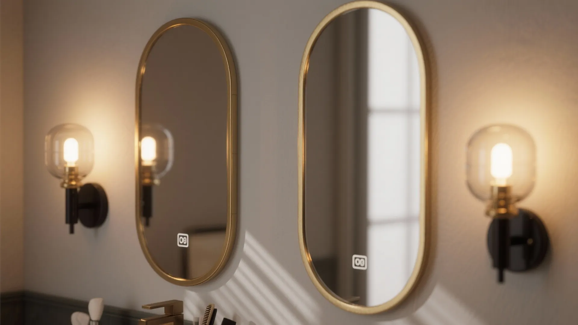 Two oval mirrors with gold frames hanging on a wall between two warm wall light fixtures