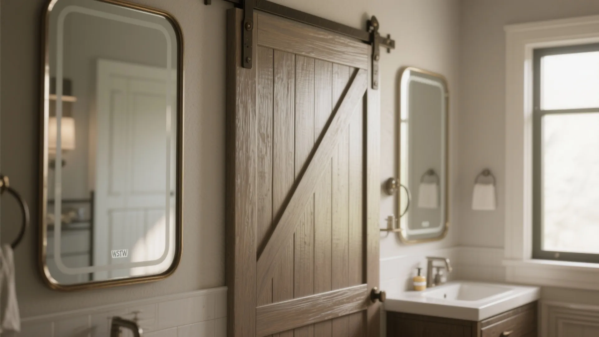 Close-up of a mirrored barn-door front reflecting light in a windowless bathroom, framed mirror detail visible.