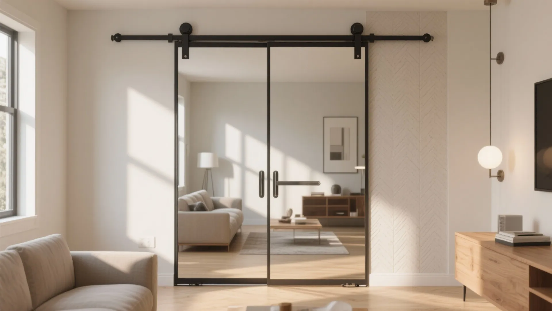 Modern sliding mirror barn door with black metal hardware reflecting a bright living room interior