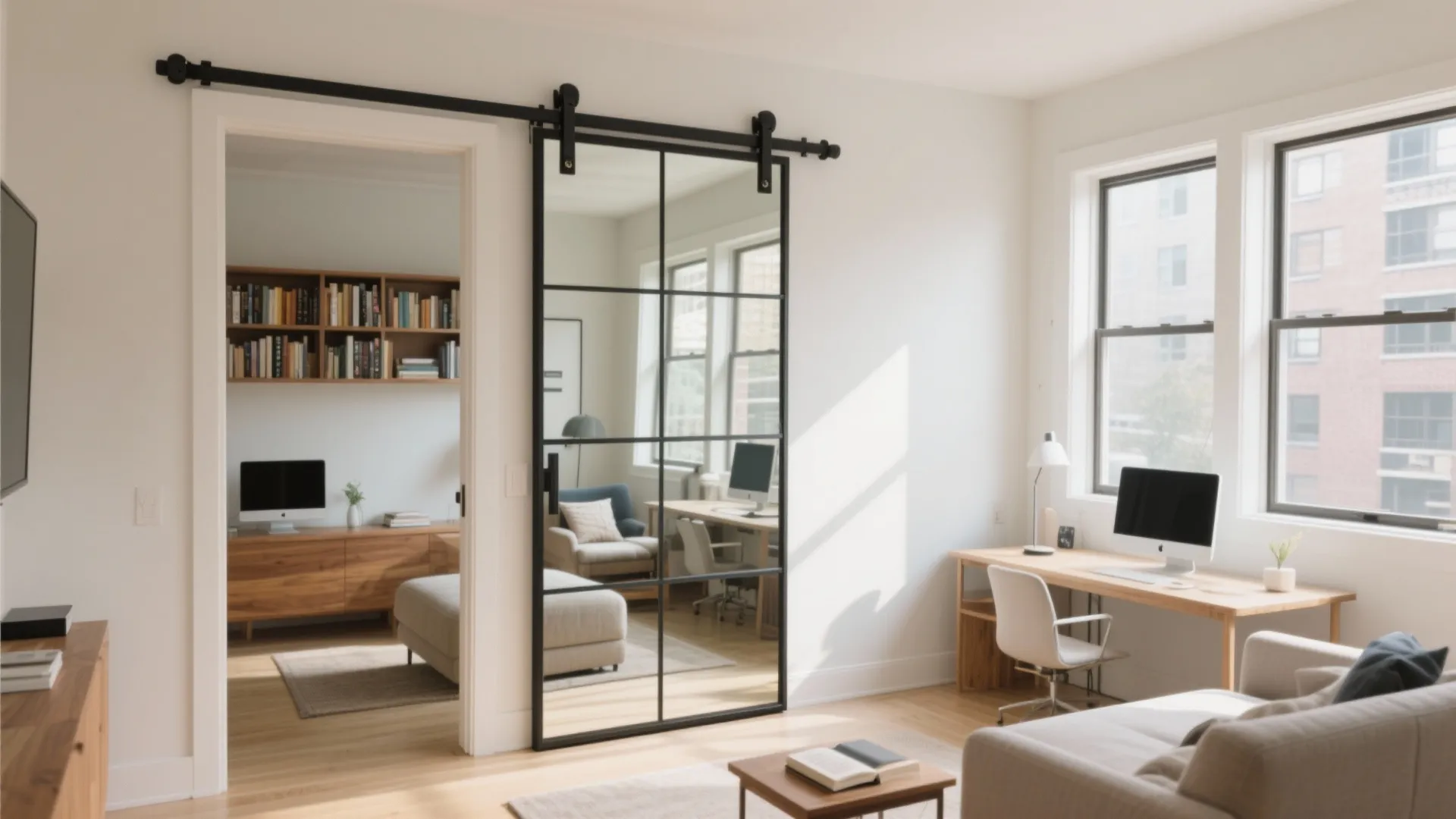 Modern sliding mirror door with black frame between bright living room and home office space