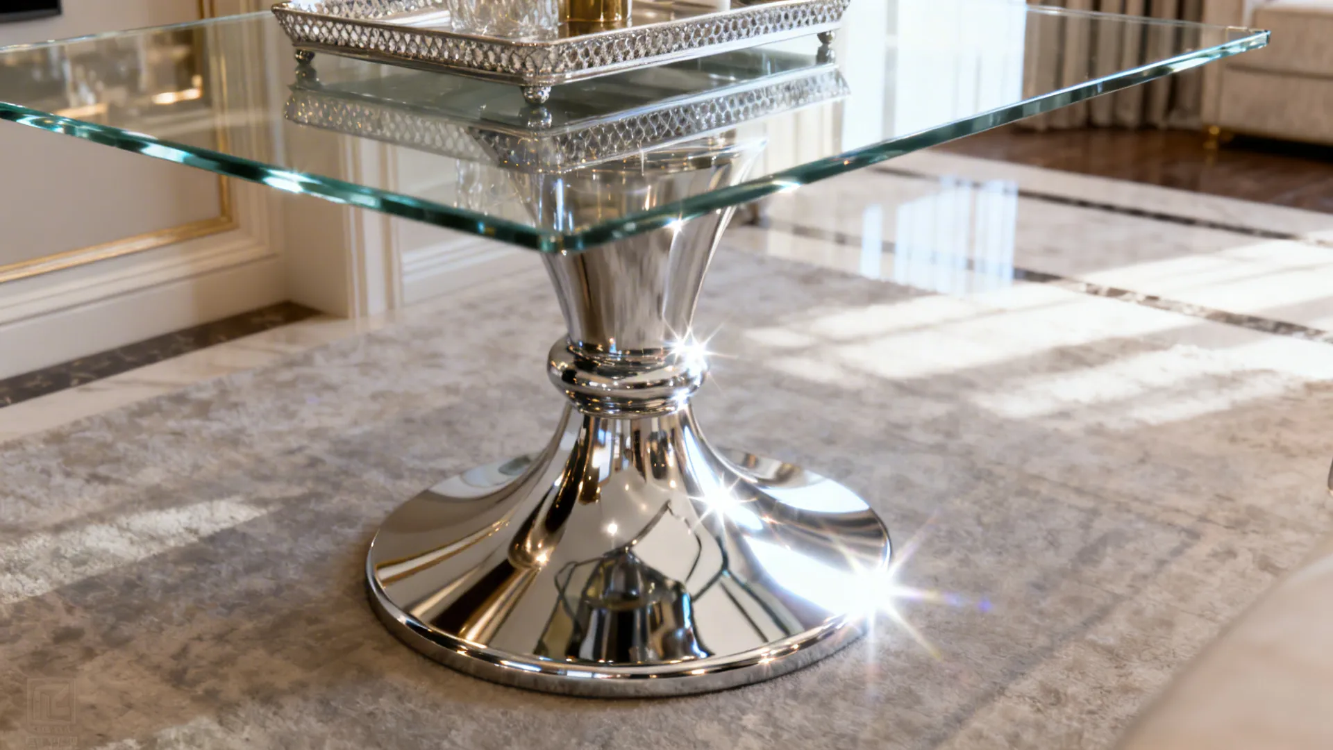 Mirrored chrome base with a clear glass top reflecting light in a glamorous living room.
