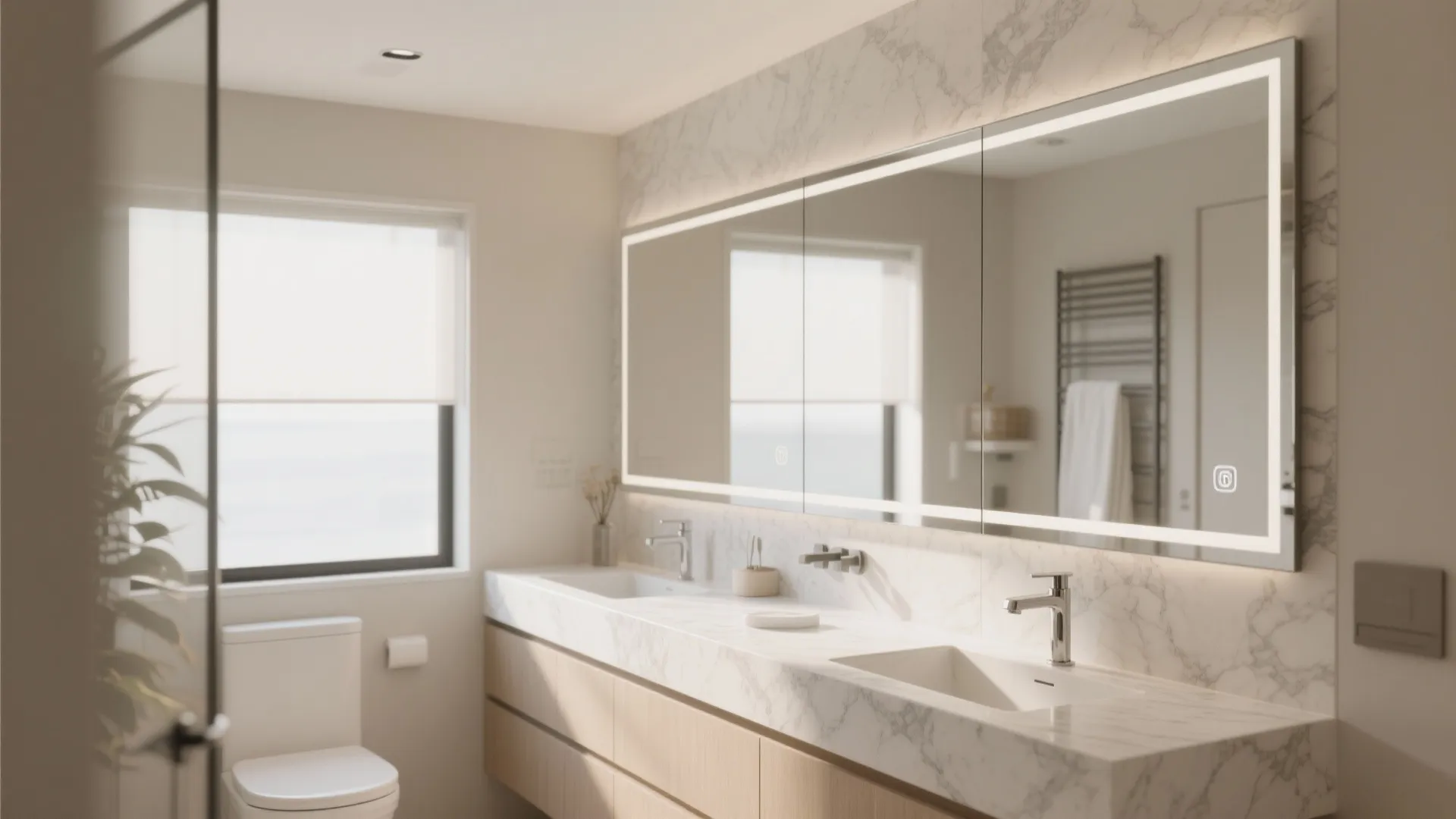 Modern bathroom featuring marble countertop double sinks a large lighted mirror and a white toilet