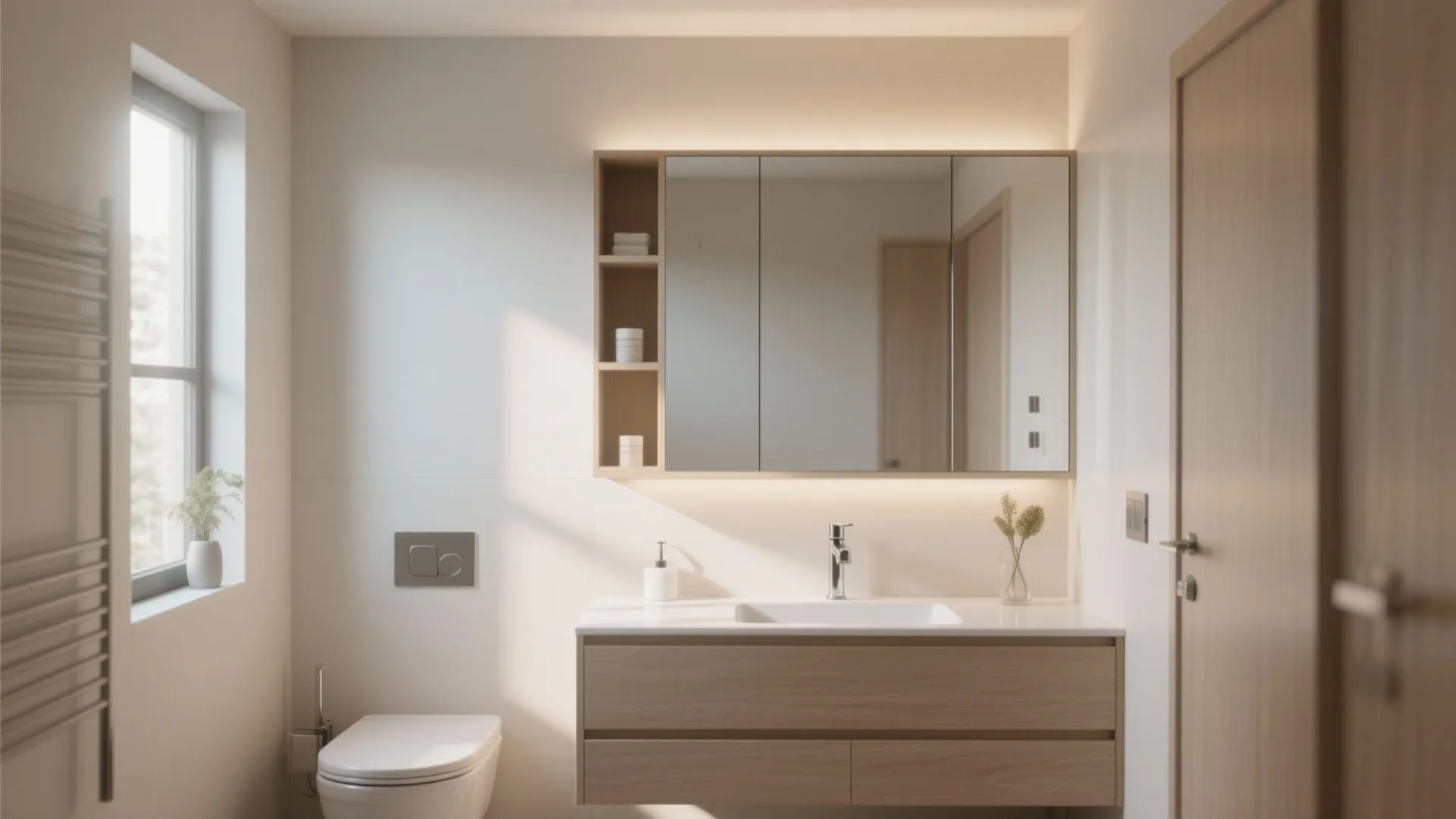 Modern bathroom with wooden cabinet and mirrored wall cabinet featuring soft light and white sink
