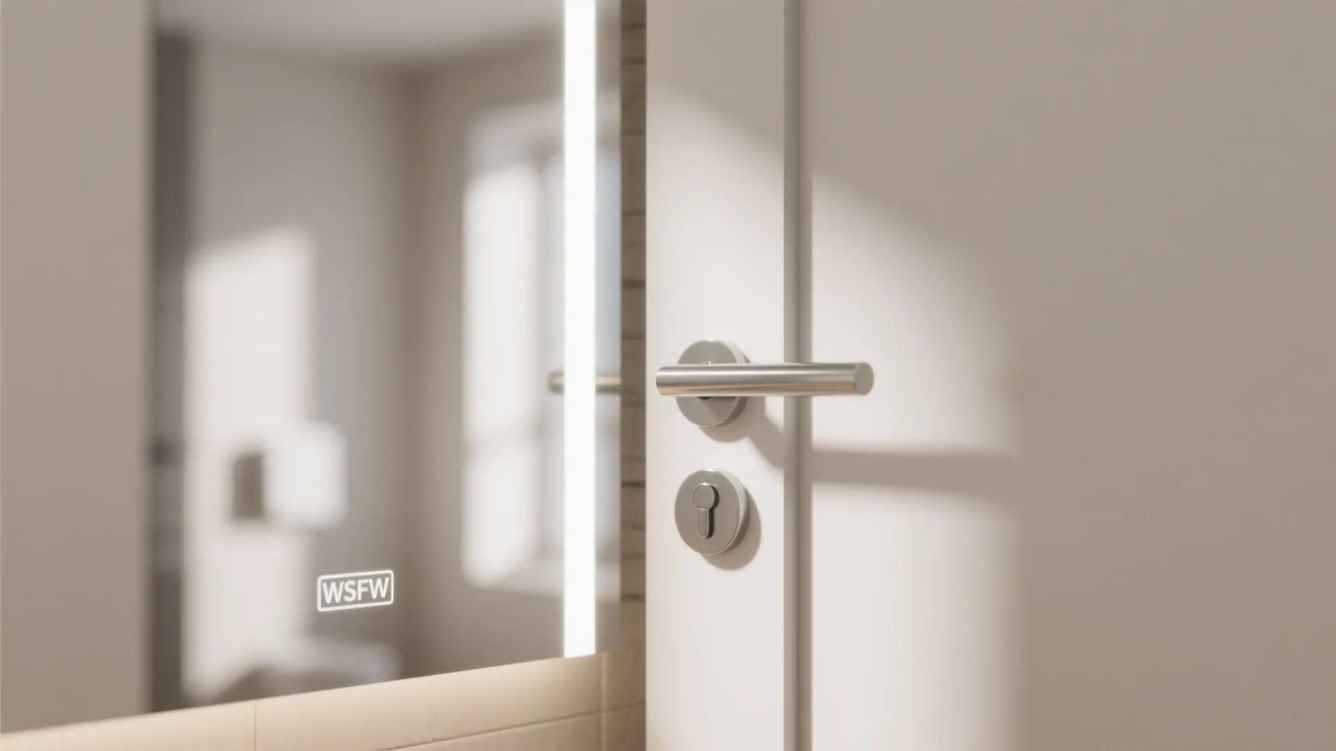 Close up of a white bathroom door with metal handle next to a lighted mirror