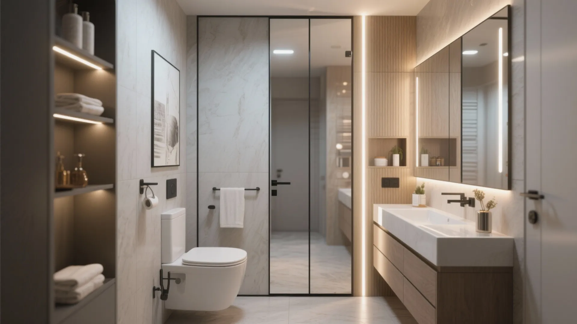 Sleek bathroom with glass sliding door between white toilet and wood vanity with large mirror
