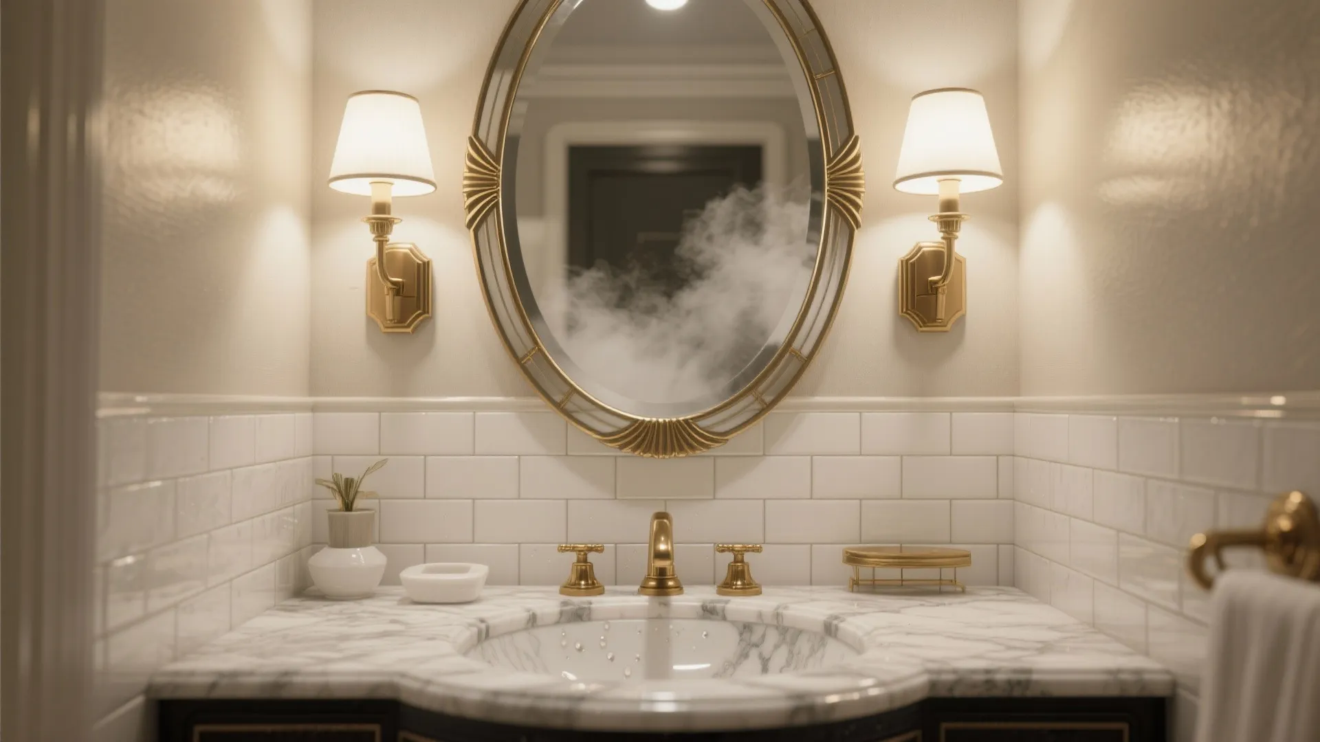 Bathroom interior with marble sink and oval gold mirror flanked by two elegant wall lights