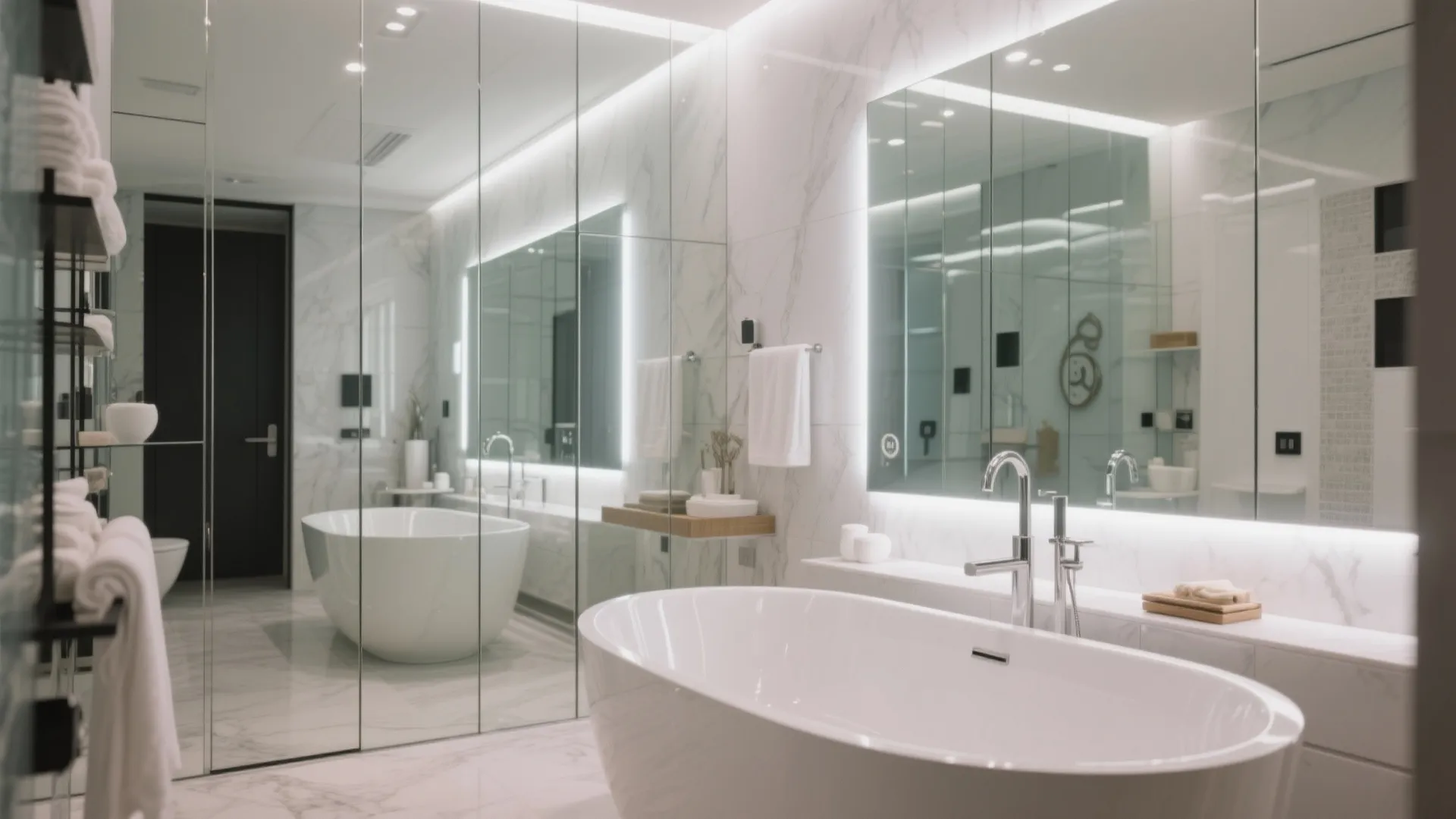 Luxury marble bathroom with large mirrors a white bathtub and bright integrated LED light strips