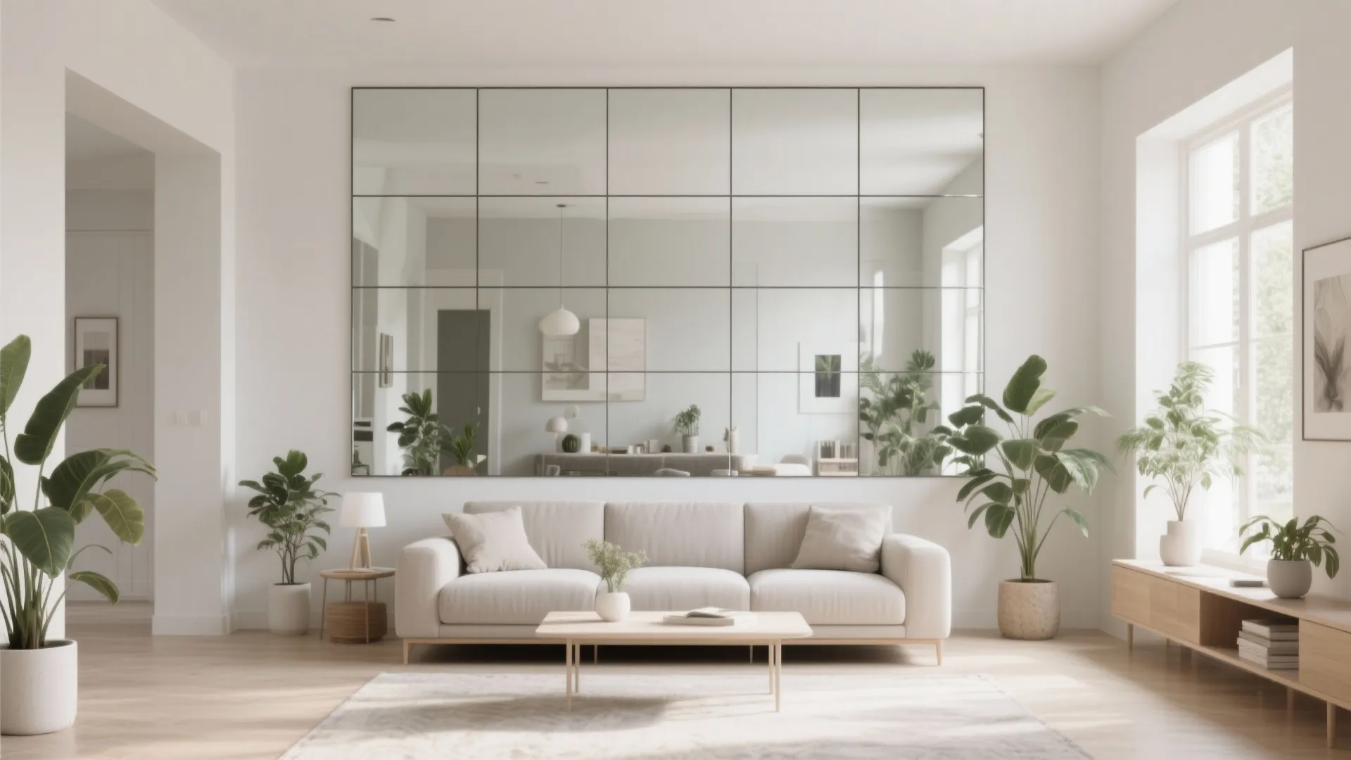 Scandinavian living room with mirrored panels behind sofa