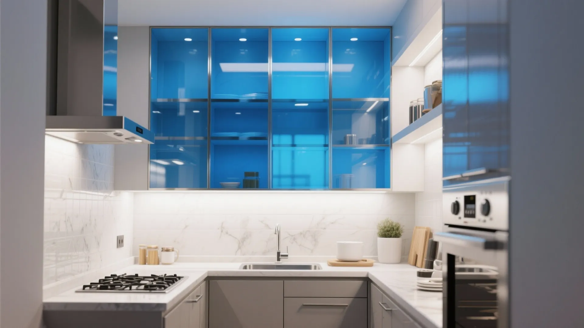 Modern kitchen with white marble countertop blue glass cabinets gas stove sink and built-in wall oven