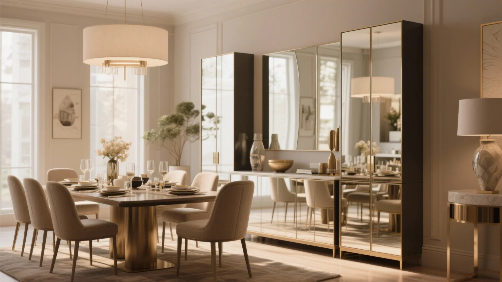 Elegant dining room with gold table chairs large ceiling light and tall mirrored storage cabinet