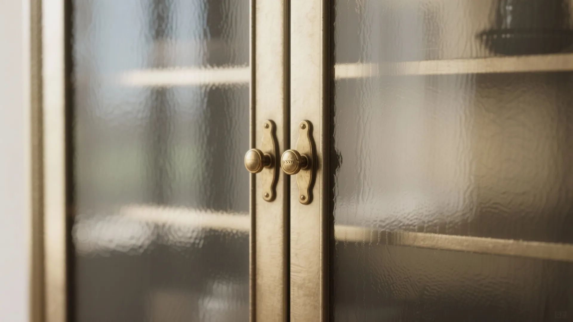 Close up of gold metal door handles on a glass cabinet with textured surface and shelves