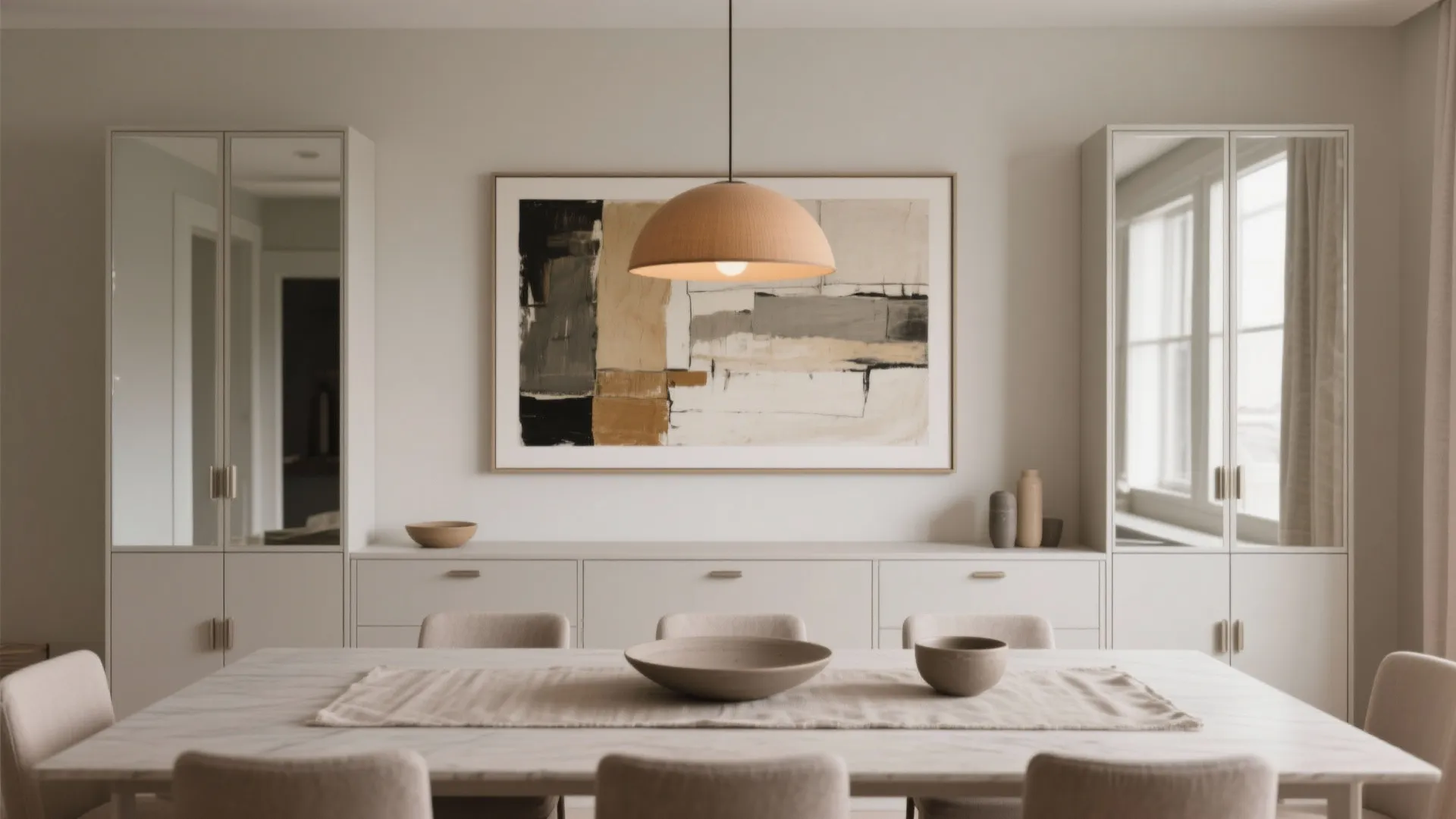 Mirrored Buffet or Console with Layered Art