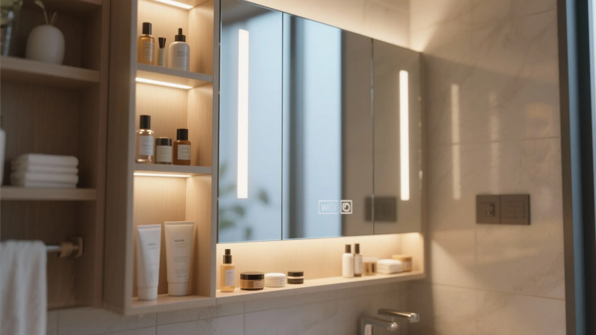 Mirrored cabinets with integrated lighting and shelves