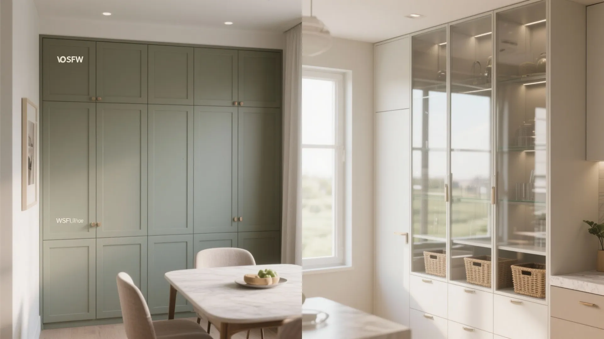 Dining room interior design showing green wall cabinet and glass storage unit with marble table