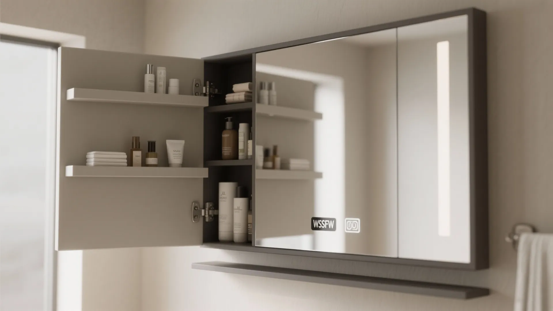 Modern grey bathroom cabinet with open mirror door showing internal shelves for skincare and toiletries