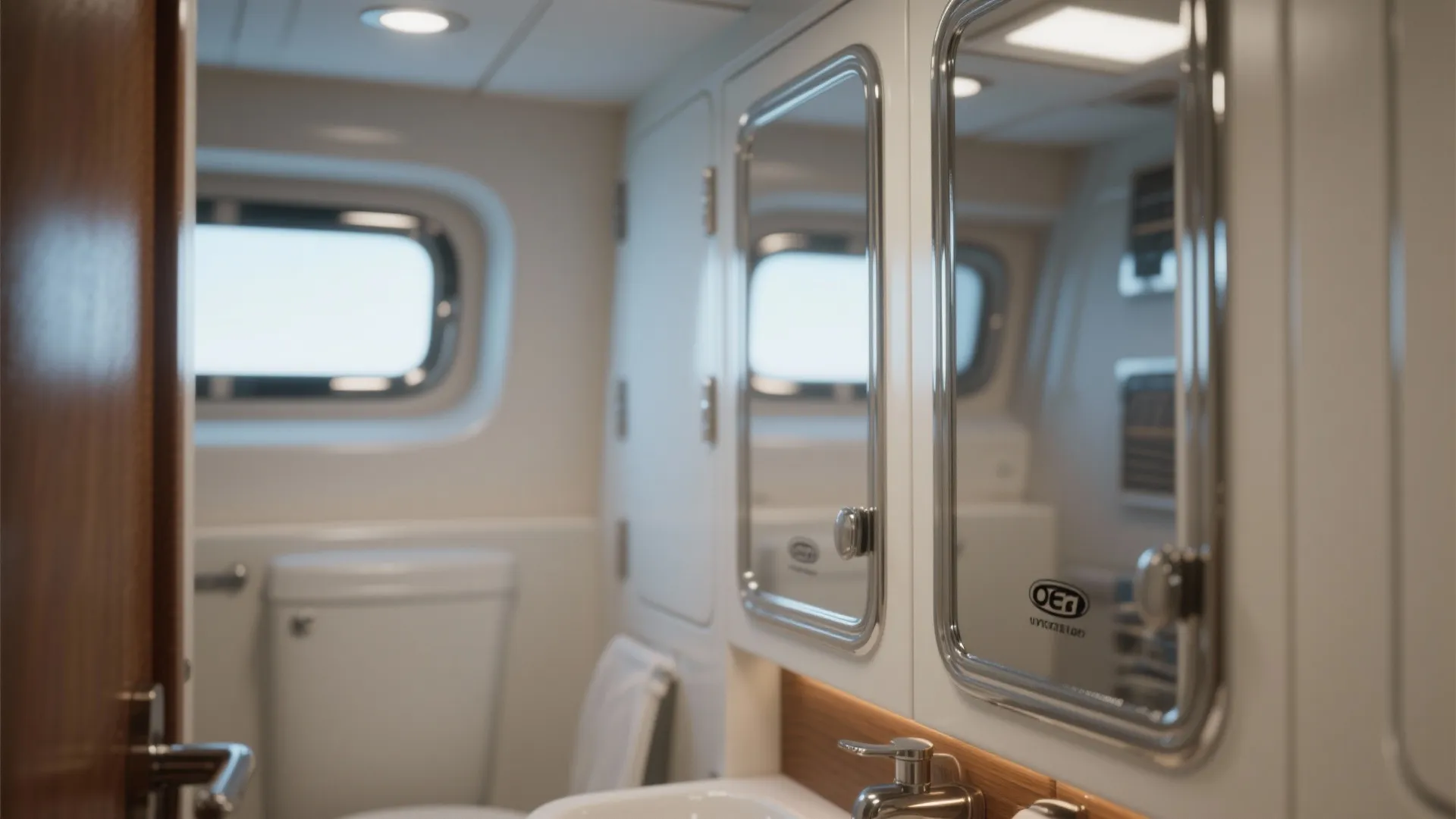 Boat bathroom interior with white cabinets and mirror doors plus a small window and toilet