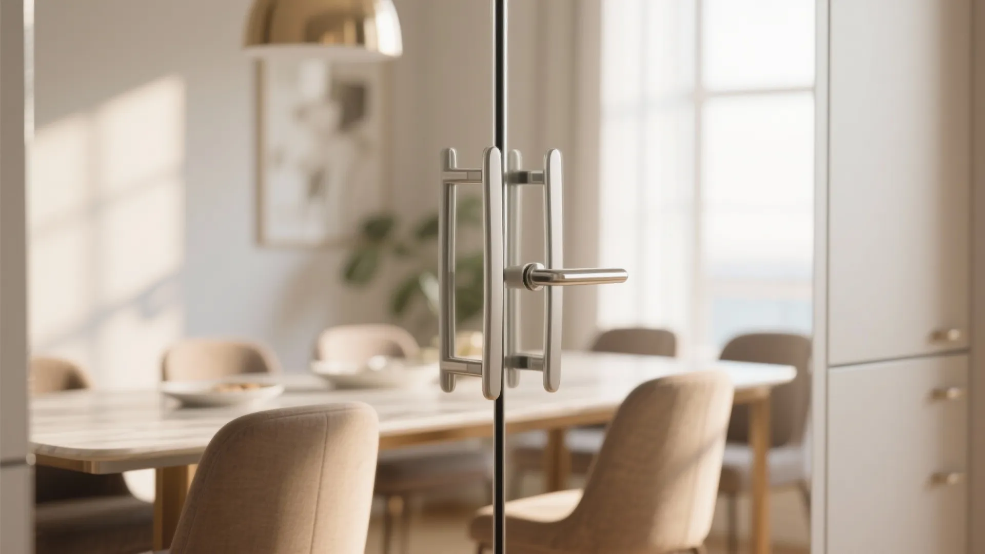 Mirrored cabinet door reflecting dining room light