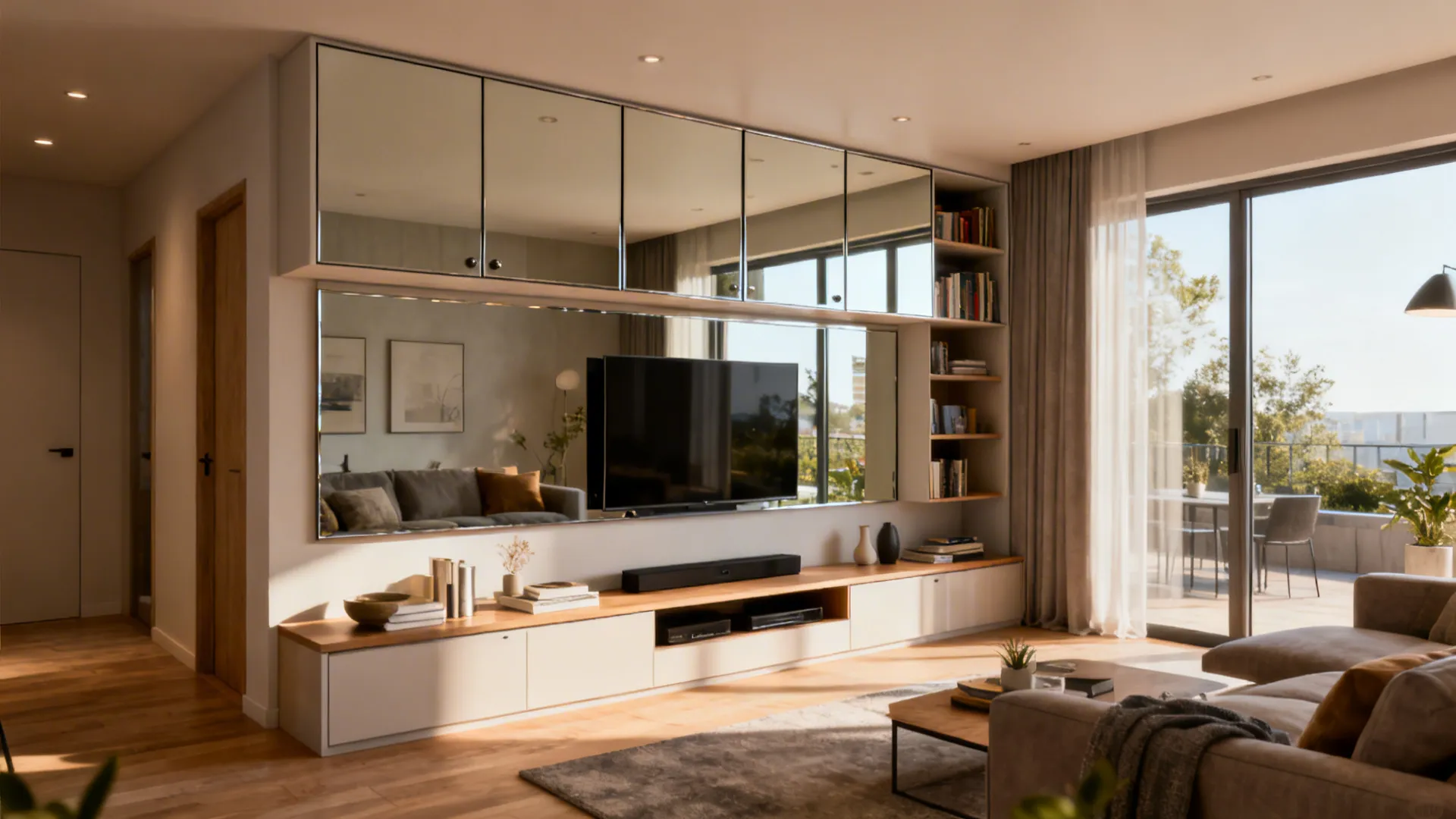 Mirrored cabinet doors above a media unit reflecting the compact living room