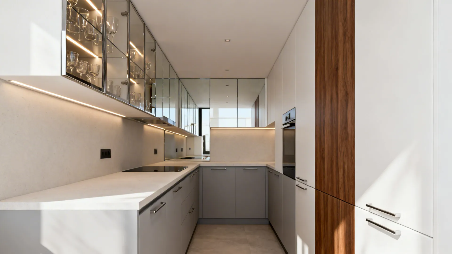 Galley kitchen with mirrored upper cabinet doors extending sightlines and reflecting soft light.