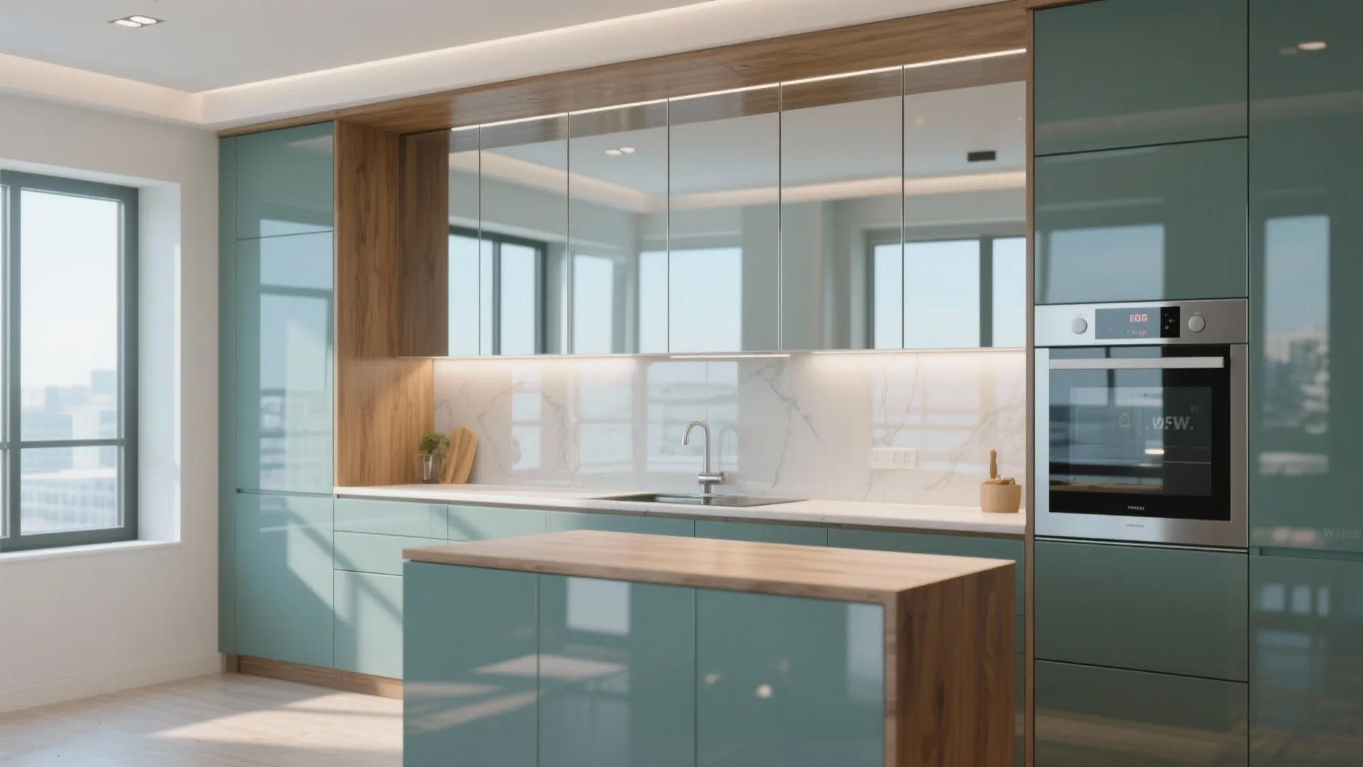 Modern kitchen with teal green cabinets wooden island and integrated oven near a large window